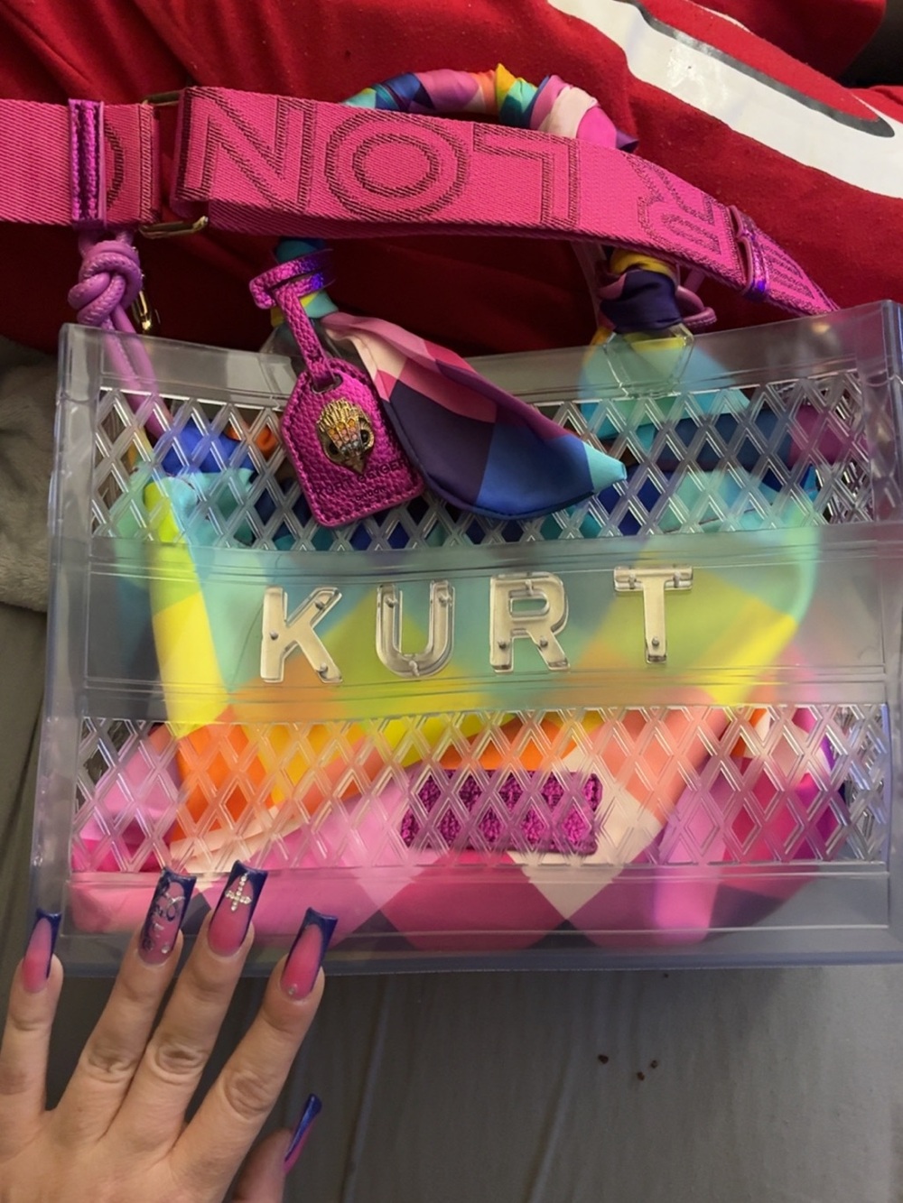 Kurt Geiger Clear Tote with Pink Strap and Multicolor Insert